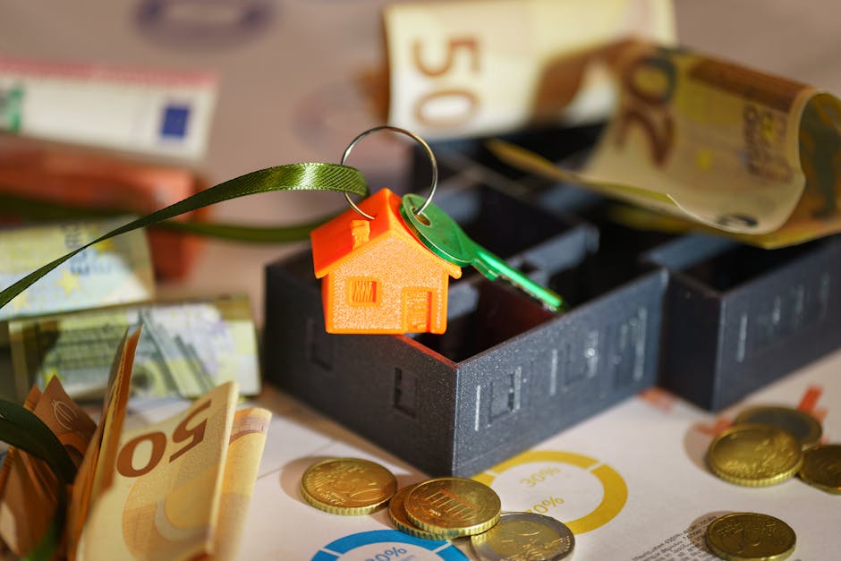 A close-up image showing a small black plastic container used for storing money, with a bright orange plastic keychain shaped like a house attached to a green key inserted into the container. Surrounding the container on a light-colored surface are various Euro banknotes, including a 50 Euro note, and multiple gold-colored coins scattered around. In the background, more Euro banknotes are partially visible, some folded or crumpled, with a blurred environment that suggests an indoor setting. The scene emphasizes financial aspects related to property or house-related expenses, which can relate to the costs associated with private or alternative waste disposal methods, such as independent house clearance or rubbish removal services. The overall lighting is soft, providing clear visibility of the objects, highlighting the textures of the paper currency and the smooth finish of the coins, with no additional tools or environmental elements shown, maintaining an accurate focus on the financial metaphor linked to rubbish removal and property clearance.