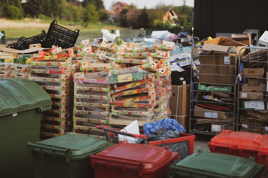 The image shows an outdoor area used for waste disposal, featuring multiple stacks of cardboard fruit packaging boxes, predominantly displaying the label 'fresh fruits' with green, red, and yellow accents, arranged in a disordered manner on the ground. To the right of the boxes, there are metal wire cages filled with various flattened cardboard boxes and paper envelopes, some labeled with product names or barcodes, indicating materials awaiting disposal or collection. In the foreground, several large plastic waste bins with green, red, and dark green lids are visible, with some bins partially open or tilted, containing additional waste. A small red shopping cart, filled with miscellaneous items, is situated near the bins, alongside a blue plastic bag. The background depicts a rural setting with trees, grass, and a distant house, under natural daylight. The scene suggests an area prepared for independent waste collection, typical of private rubbish removal services such as those offered by Rubbish Removal Merton, in a typical garden or driveway environment.